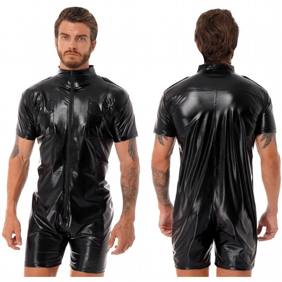 Erotic Lingerie Man Sexy Bodysuit Wetlook Patent Leather Leotard Latex Short Sleeve Zipper Jumpsuits for Nightclub Dance Party