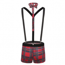 Mens Lingerie Underwear Plaid Bulge Pouch Boxer Briefs with Y Back Elastic Strong Clip Suspenders Bowtie Set Sex Cosplay Costume