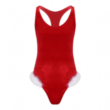 Mens Lingerie Christmas Santa Bodysuit Feather Trimming Funny Sissy Crossdressing Sexy Cosplay Costume U Neck Sleeveless Leotard