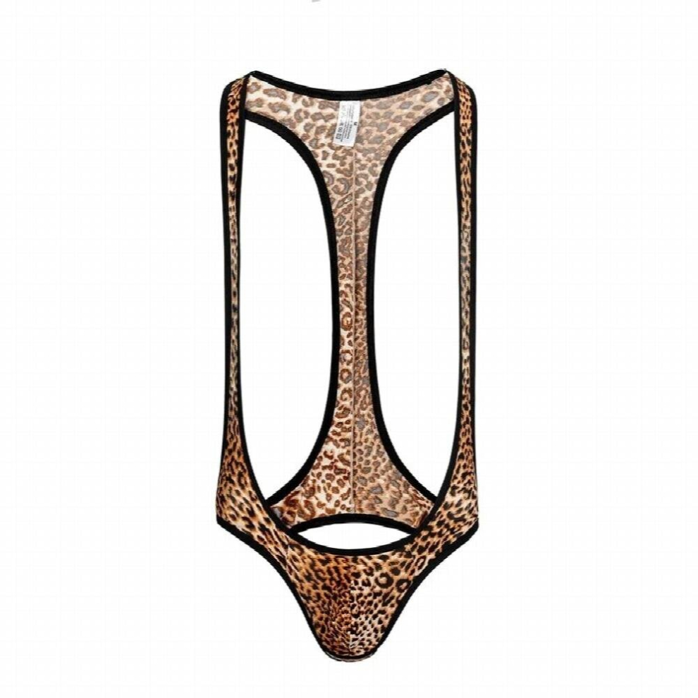 Mens Sexy Leopard Bodysuit Exotic Underwear Bulge Penis Pouch Jumpsuit Backless Open Butt Clubwear Hollow Out Cosplay Clothing