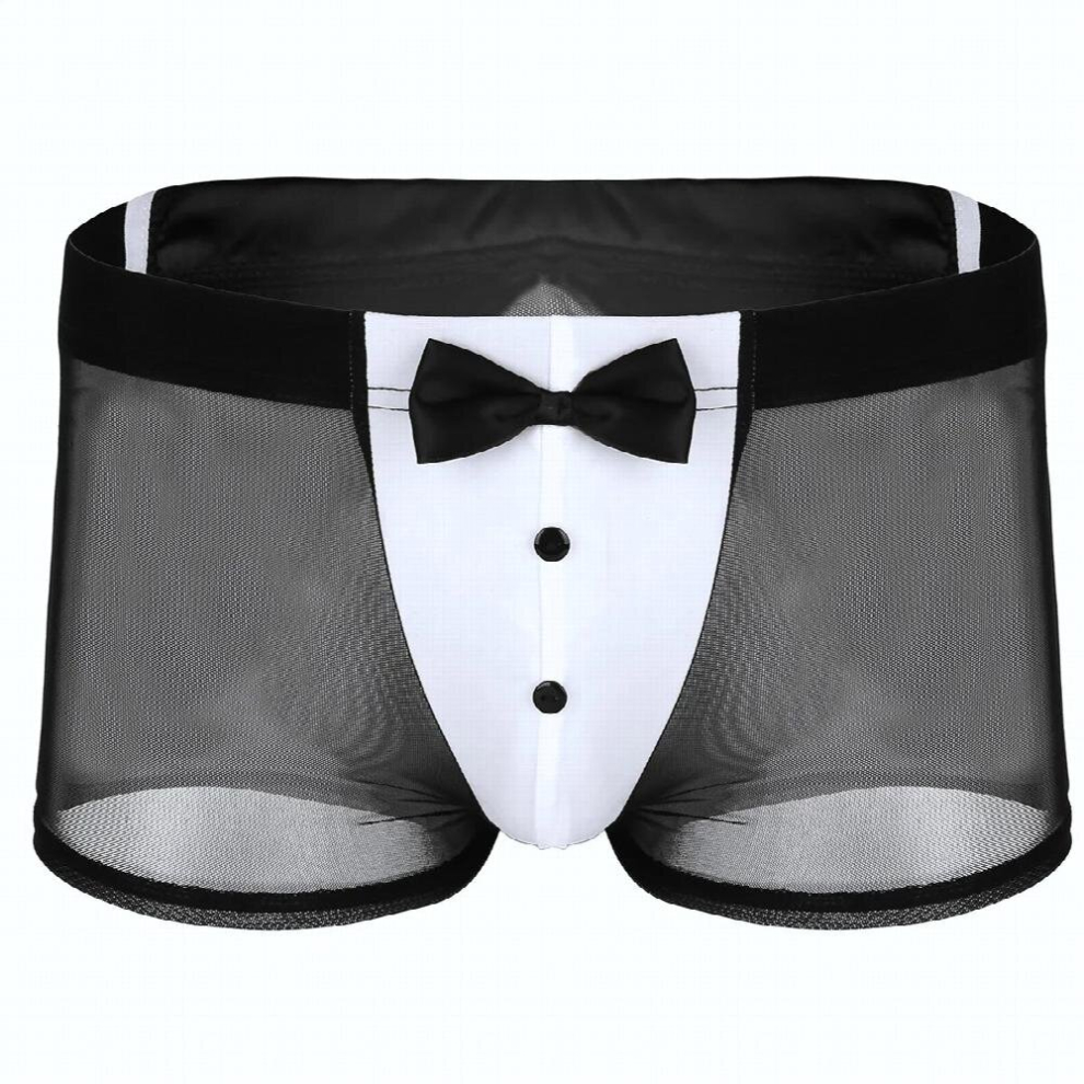 Black Sexy Men See Through Underwear Mesh Transparent Boxer Briefs Servant Sex Cosplay Waiter Tuxedo Lingerie