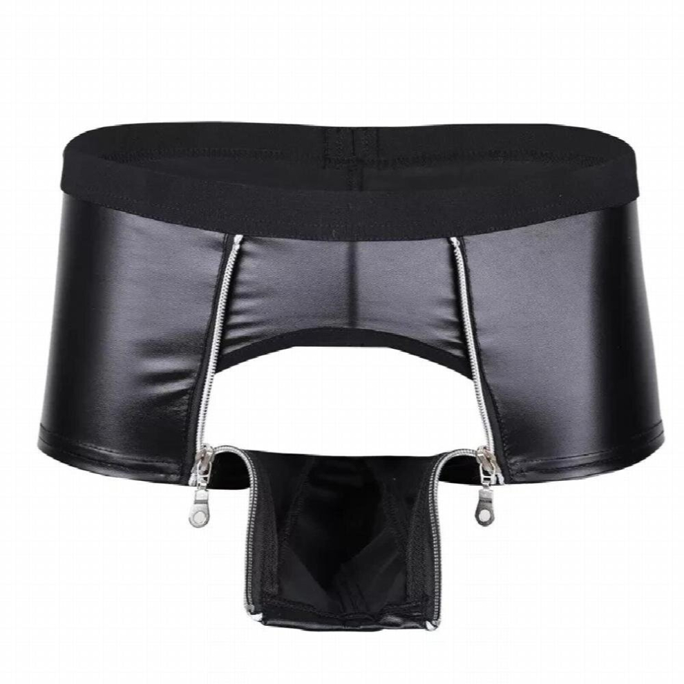 Sexy Open Crotch Soft Leather Boxer Erotic Below For Sex Mens Leather Short Pants Crotchless Leather Underwear Bulge Pouch