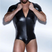 Men Bodysuit Latex Leather Short Sleeve Catsuits Male PU Leather Zipper Sexy Costume Body Suit Sexi Lingerie One Piece Underwear