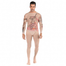 Sexy Male Erotic Lingerie Bodysuit Open Crotch Totem Tattoo Crotchless Bodystocking Fetish Cosplay Fun Men Underwear Long Sleeve