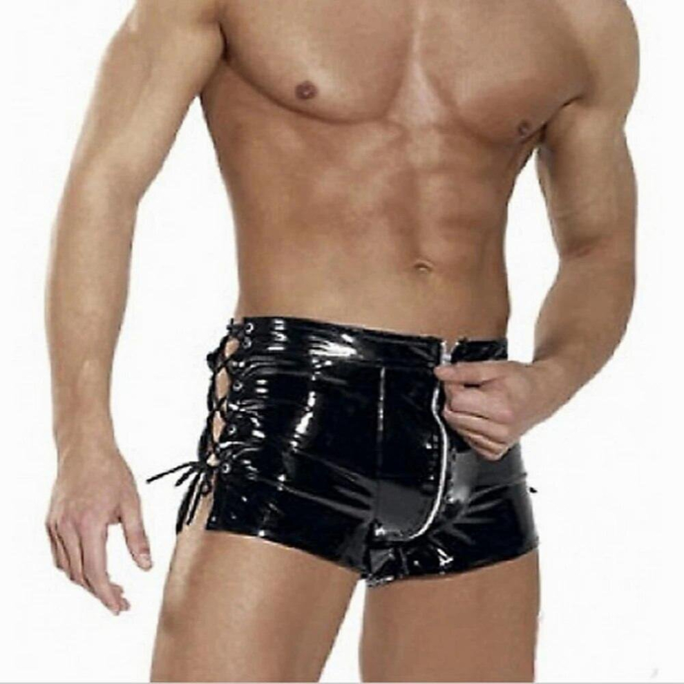 Black Sexy Men Wetlook Clubwear Jockstrap Fetish Gay Wear Wild Pvc Faux Leather Zipper Open Short Erotic Jockstrap Bandage Pants