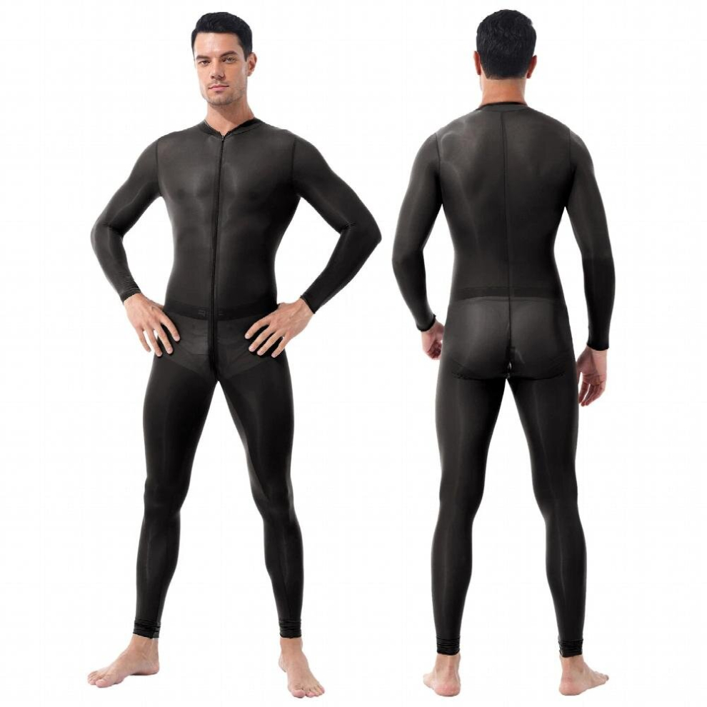 Mens Lingerie See Through Open Crotch Bodysuit Jumpsuit Double Zipper Sheer Bodystocking Long Sleeves Smooth Sexy Body Suit