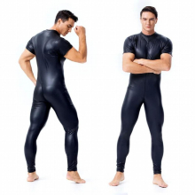 Sexy Males PU Leather Catsuit for Men Tight Skin Full Bodysuit Jumpsuit Front Zipper Open Crotch Zentai Suit Costume 3XL