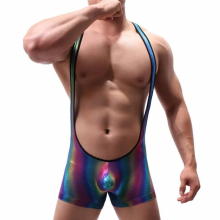 Rainbow Mens Bodysuits Suspenders Tight Fetish Gay Leather Lingerie Underwear Open Crotch Sexy Costume Wrestling Suit Sissy