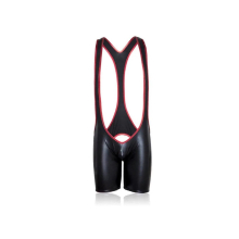 Men Faux Leather Open Butt Wrestling Singlet Wet Look Red Trim Bodysuit Muscle Fetish Underwear Lingerie