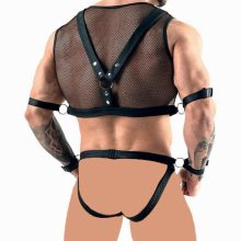 Transparent Fishnet Mesh Sexy Lingerie for Men Hand Cuffs Straps Harness Top+G-string Thong Set Male Gay Pron Erotic Lingeries