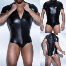 Night Club Sexy Men Short Sleeve Faux Leather Zipper Bodysuit Slim Jumpsuit