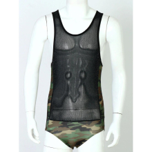 Summer Erotic Bodysuit Men Skinny See-through Sleeveless Stretchy Camouflage Print Patchwork Leotard Nightwear Clubwear