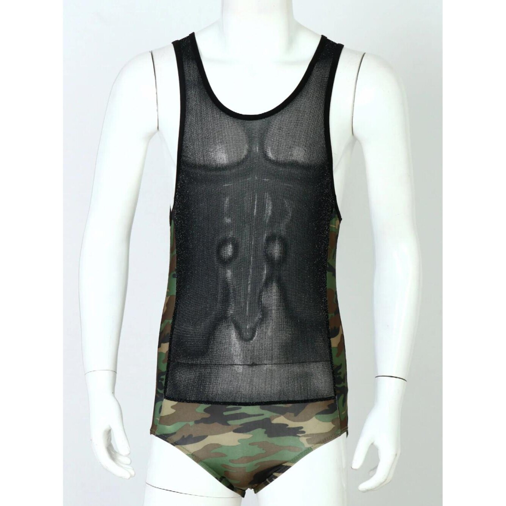 Multicoloured Summer Erotic Bodysuit Men Skinny See-Through Sleeveless Stretchy Camouflage Print Patchwork Leotard Nightwear Clubwear