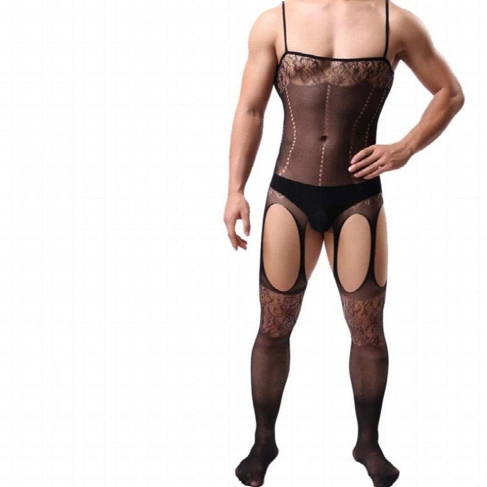 Black Bodystocking Mesh Transparent Open Crotch Male Socks One Piece Men Ultra Thin Stockings Pantyhose Sexy Lingerie See Through