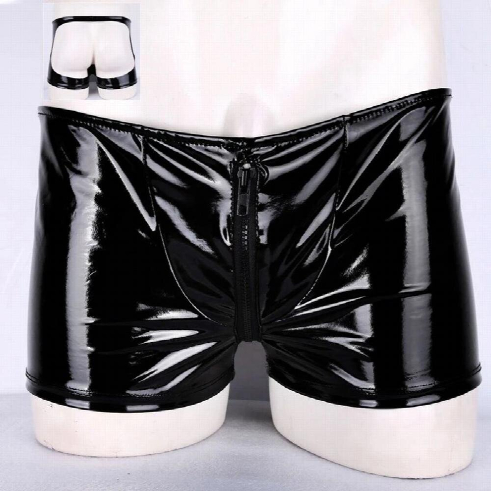 Men Metallic Latex Lingerie Erotic Open Butt Zipper Penis Pouch Sissy Panties Homme Wetlook Leather Boxer Briefs Underwear