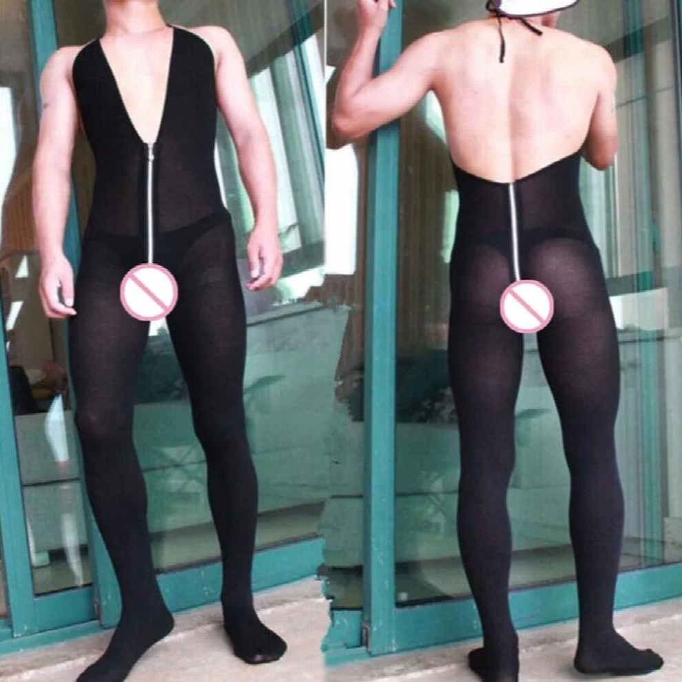 Black Men Sleepwear Sexy Lingerie Erotic Underwear Sexy Costumes Male Bodysuit Porn V-Neck Nightgown Sexy Jumpsuit Zipper Bodystocking