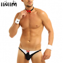 Mens Exotic Lingerie Set Bow Tie Sexy Tuxedo Thong Sexy Panties Jockstraps Gay Briefs Underwear with Collar Bracelets Costumes