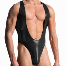 MenS Sexy PU Leather Wet Look A-Shirt Jumpsuit Lingerie Club Romper Leotard Wrestling Singlet Gay Erotic Lingerie