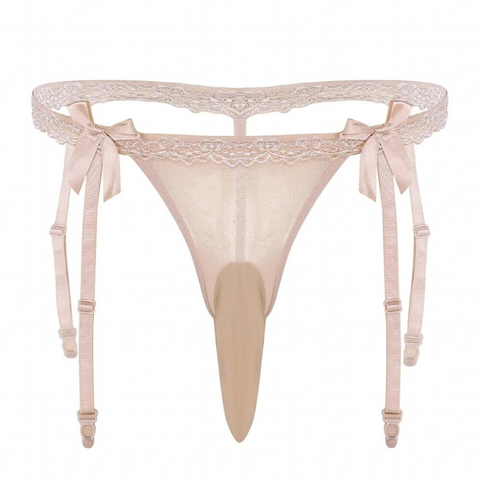 Mens Open Closed Penis Sheath Shorts with Chastity Garter Belt Bow Lace Briefs Sexy Underwear Hommes Gay Panties Sissy Thong