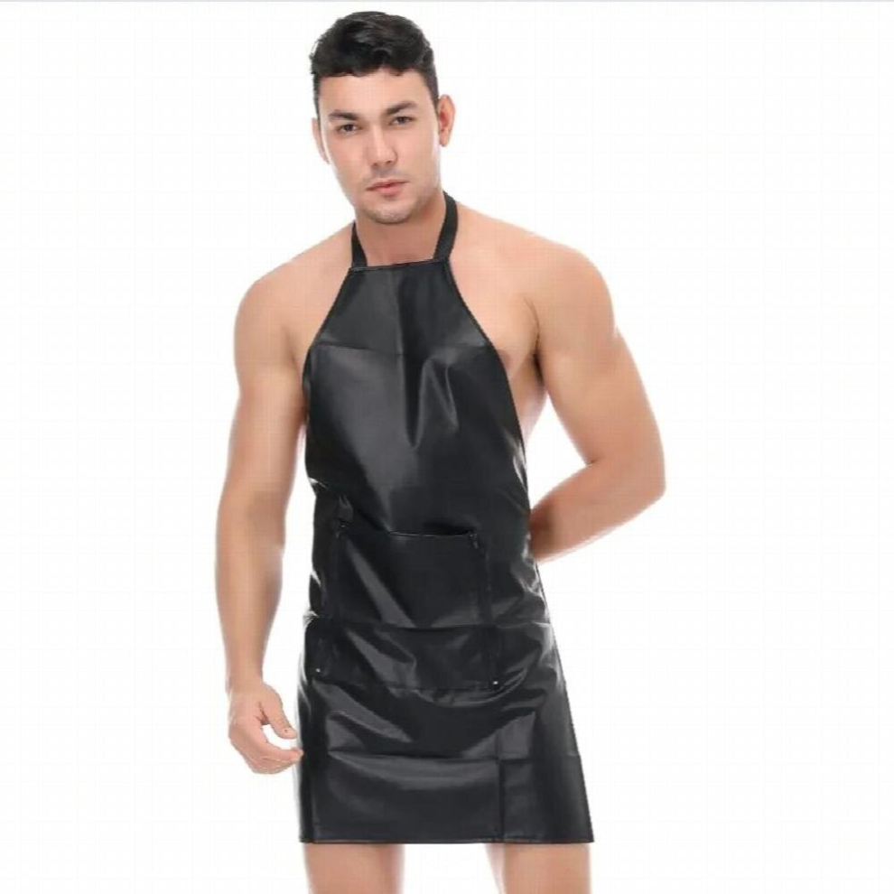 Mens Leather Erotic Apron Front Open Crotch Crotchless Male Cosplay Uniforms Nightclub Stage Ds Costume