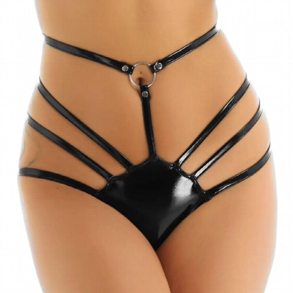 Black Sexy Women Exotic Lingerie Wet Look Patent Leather Latex Briefs Sexy Panties Clubwear High Cut Strappy Bikini G-String Underwear