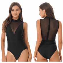 Women Gymnastic Ballet Leotard Bodysuit Mesh Sleeveless Dancewear Swimsuit Mock Neck One Piece Dance Wear