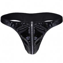 Male Mens Lingerie Patent Leather Briefs Bikini Underwear Underpants with Front Zipper for Costumes Sexy Thongs Panties