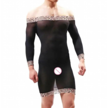 Leopard Costume Outfit Body Suit Long Sleeve Nightdress Male Lingerie Bodystocking Man Underwear Dress Sexy Clothes