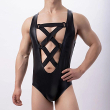 Men Sexy Faxu Leather Bodysuit Erotic Lingerie Cross Strap Bandage Jumsuit Gay Male Sleeveless Tank Top Teddies Hollow Clubwear