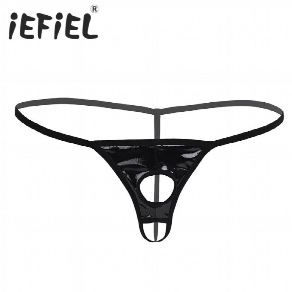 Sexy Patent Leather Men Lingerie G-string Bikini Underwear Underpants with Penis Holes Gay Male Underwear Leather Panties