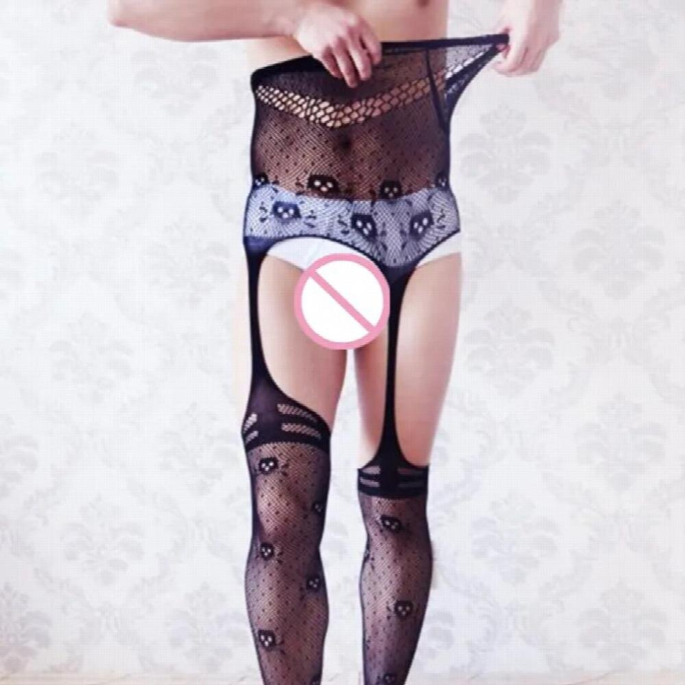 Black Bodysuit Teddy For Men Lingerie Skull Bodystocking Crotchless Nighties Porno Catsuit Male Underwear Erotic Sexy Costume