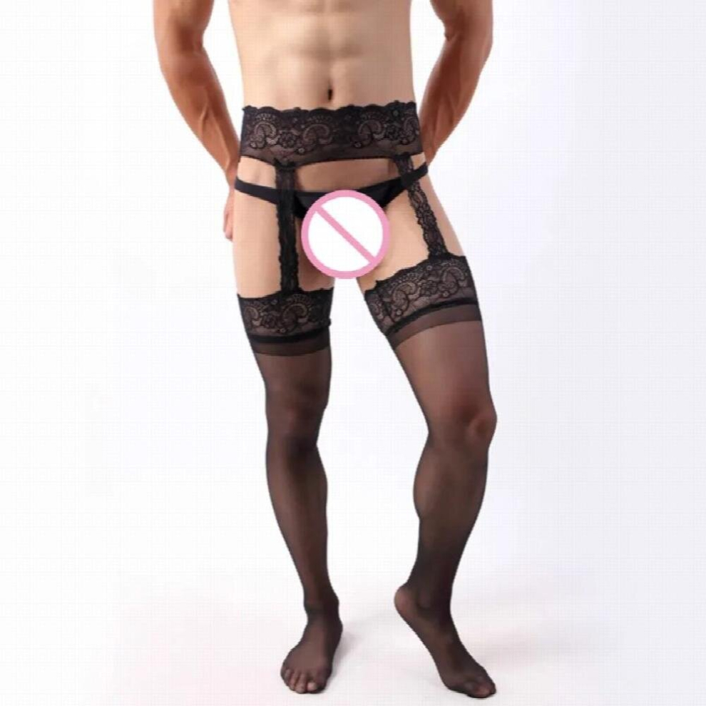 Mens Sexy Lingerie Stockings Garter Belt Silk Tights Transparent Pantyhose Man Thigh High Lace Embroidery Stockings