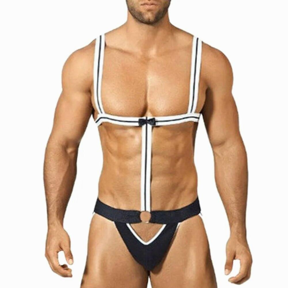 Men Novelty Lingerie Shoulder Elastic Strap Underwear Sexy Suspender Jockstrap Thong Bodysuit Bow Erotic Backless Costume
