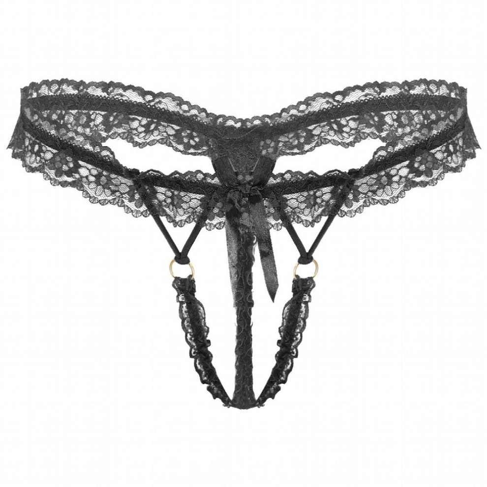 Mens Sexy Lace Thongs G-string Bowknot Elastic Waistband Crotchless T-back Lingerie Sissy Underwear Underpants for Nightwear
