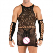 Men Sexy Lingerie Exotic Sleepwear Bodysuit Sexy Costumes Net Nightdress Porno Nightgown Male Underwear + glove