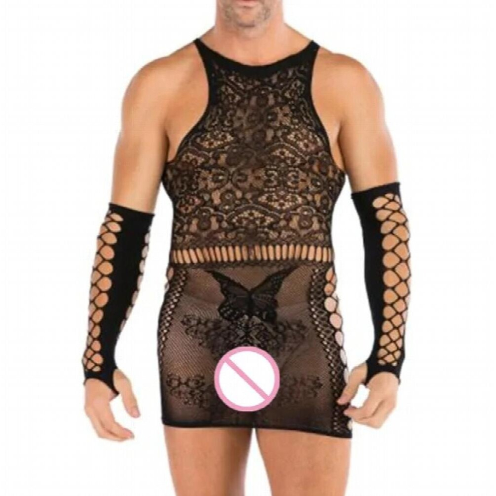 Black Men Sexy Lingerie Exotic Sleepwear Bodysuit Sexy Costumes Net Nightdress Porno Nightgown Male Underwear + Glove