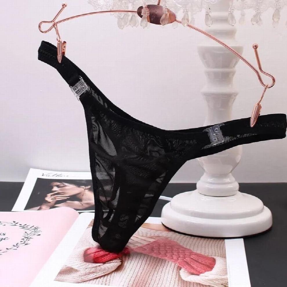 Black Mens Thong Sexy Transparent Solid Gay Underwear See-Through Removable Buckle Temptation Erotic Lace T Pants Panties