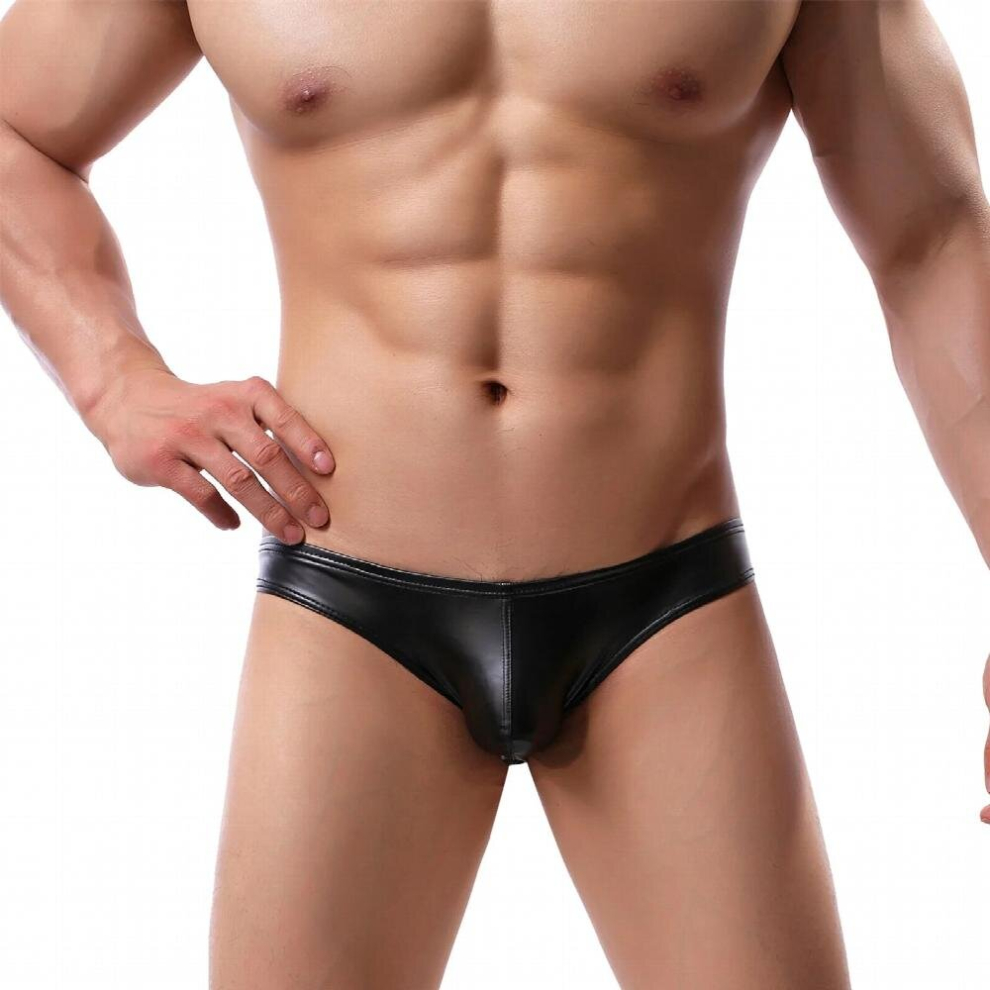 Black Mens Sexy Underwear Wetlook Pu Faux Leather Briefs Bulge Penis Pouch Underpants U Convex Bikini Exotic Lingerie Fetish Costume