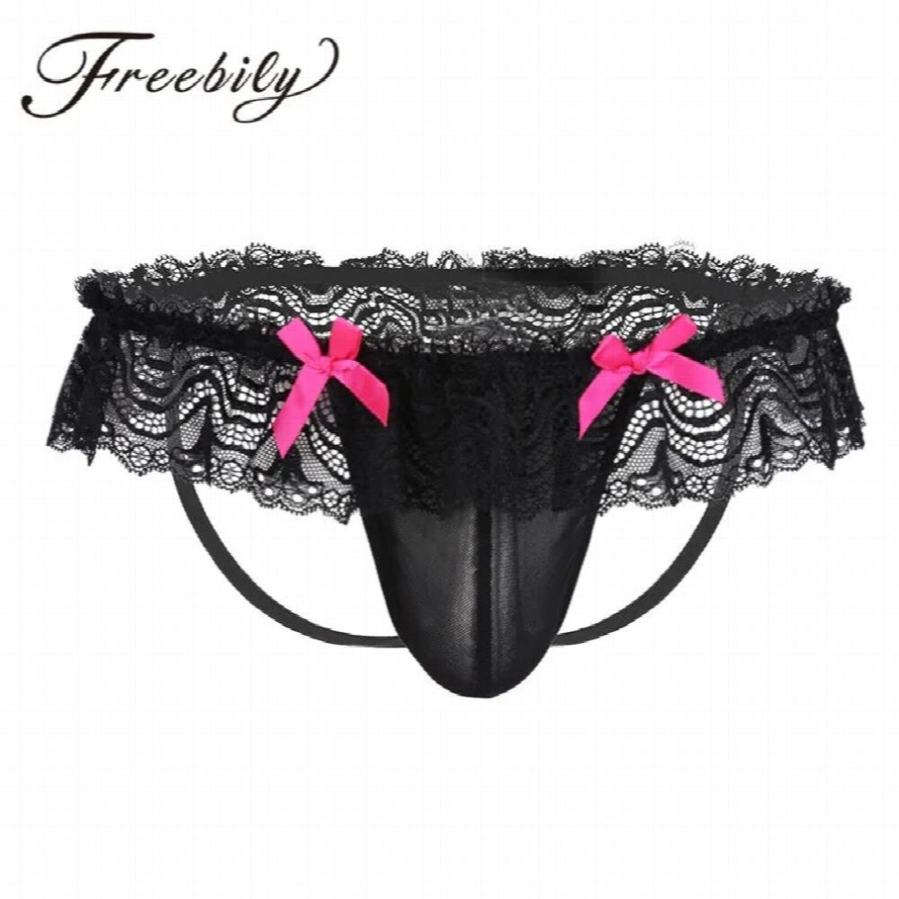 Mens Lingerie Gay Panties See Through Mesh Lace Sissy Thongs Bowknot Open Butt Jockstraps Bikini Briefs Underwear Underpants