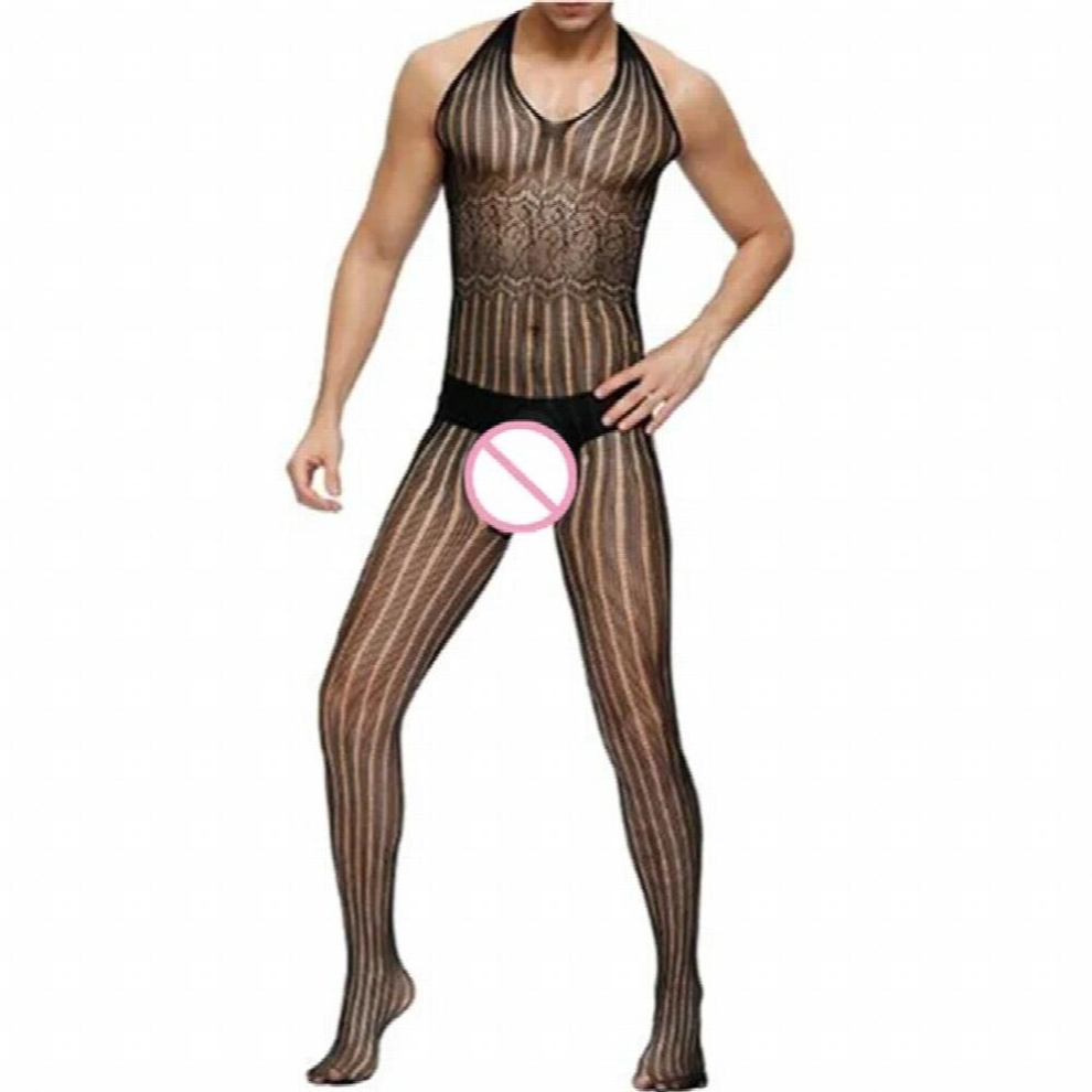 Shengrenmei Mens Stripe Sleepwear Fishnet Bodysuit Open Crotch Bodystocking Men Pantyhose Latex Gay Halter Pajama Sexy Costumes