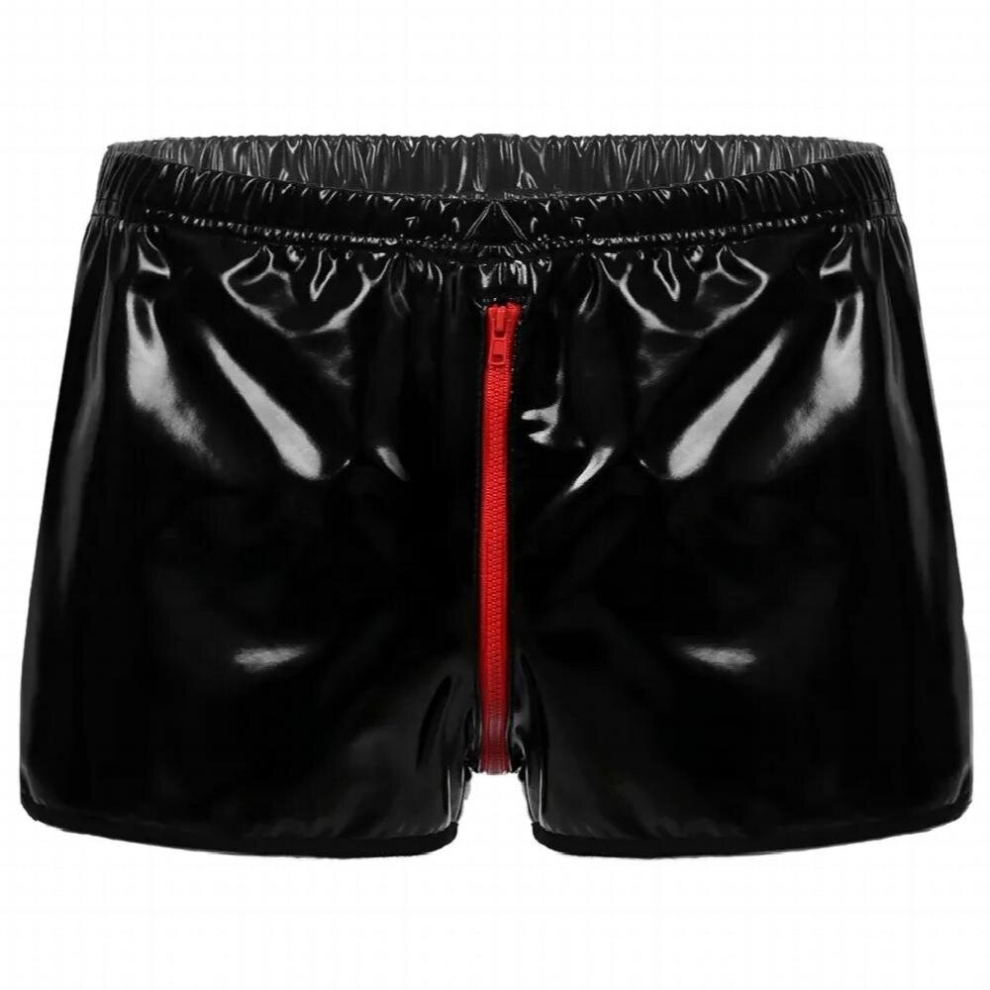 Black Mens Sexy Open Crotch Leather Short Pants For Sex Zipper Crotchless Patent Leather Fetish Boxer Erotic Porn Pants Sexi