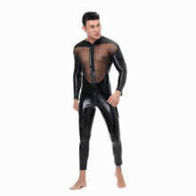 Men Faux Leather Stretch Catsuit Sexy Transparent Mesh Zipper Open Crotch Erotic Tight PVC Bodysuit Clubwear Fetish Costumes