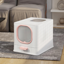 (Pink) Enclosed Folding Cat Litter Box Toilet with Scoop