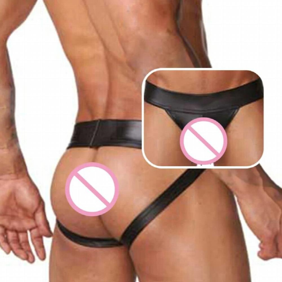 Mens Sexy Thong Bulge Penis Pouch Big U Convex Underwear PU Faux Leather Jockstrap Backless Panties Open Butt Hombre Underpants