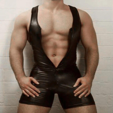 Men Lingerie Bodysuit Sexy Faux Leather Zipper Chest Open Bust Stretch Tight Erotic Catsuit Fetish Gay Costumes Clubwear
