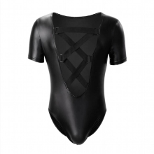 Erotic Bodysuits Mens Sexy Costume Show Bodybuilding Strong Gay Lingerie Crisscros Hollow Out PU Nightclub Male Teddies Passion