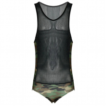 Mens Lingerie See-through Bodysuit Camouflage Print Patchwork Fitness Sleeveless Leotard Clubwear for Stage Show Party