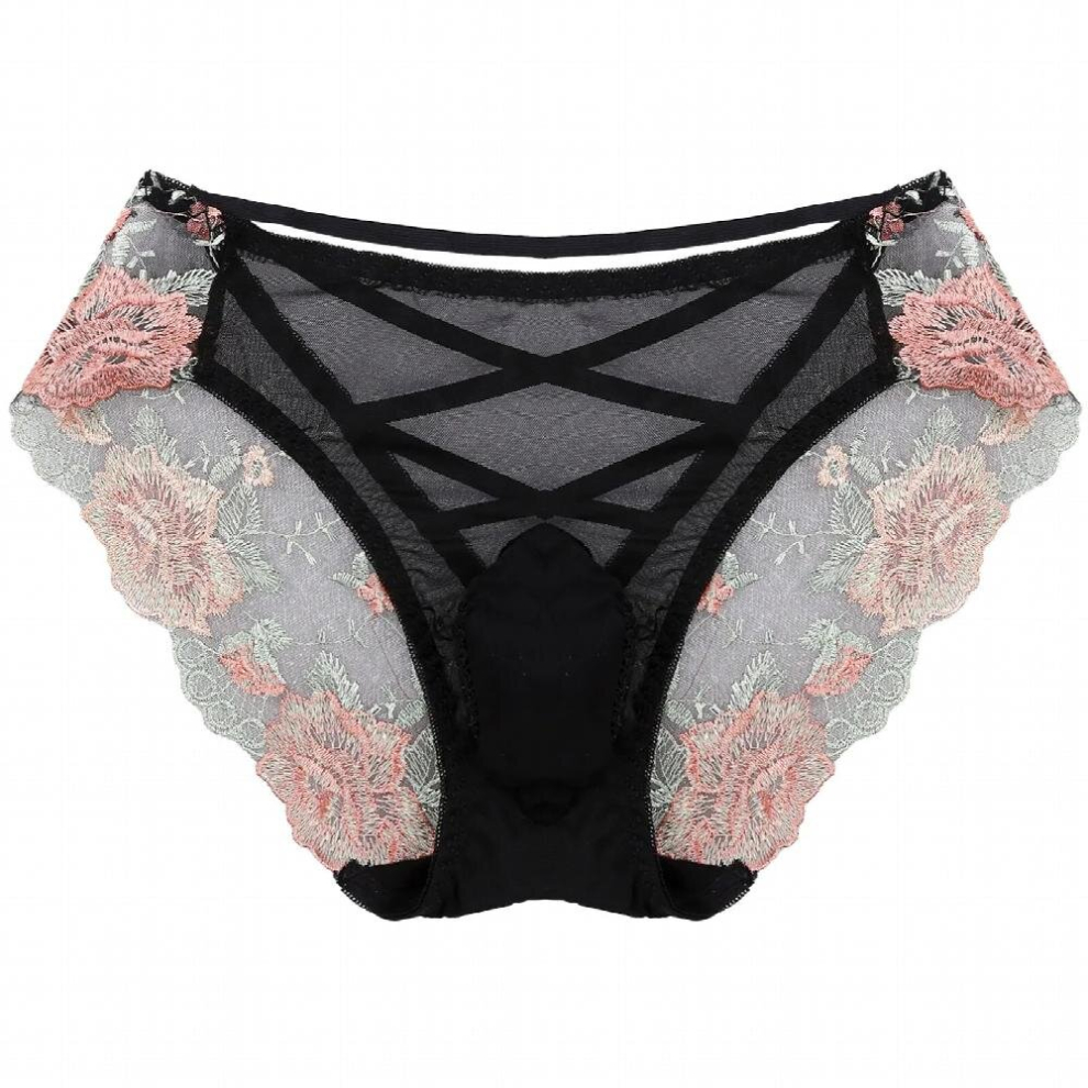 Mens Hollow Out Cross Back Brief Low Rise Bulge Pouch Underwear Erotic Lingerie See-through Embroidered Panties Sissy Underpants