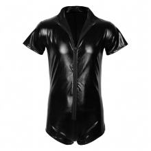 Mens Erotic Lingerie Latex Bodysuit Underwear Faux Leather Zipper Night Clubwear One-piece Leotard Bodysuit Underwear for Sex