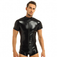 Latex Catsuit Mens Lingerie Faux Leather Zipper One-piece Leotard Bodysuit Gay Erotic Underwear Male Sexy Clubwear
